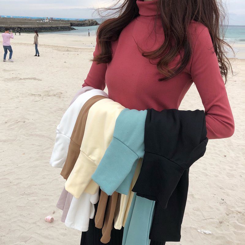 秋冬女裝韓版基礎款純色高領加厚磨毛保暖打底衫長袖T恤顯瘦上衣