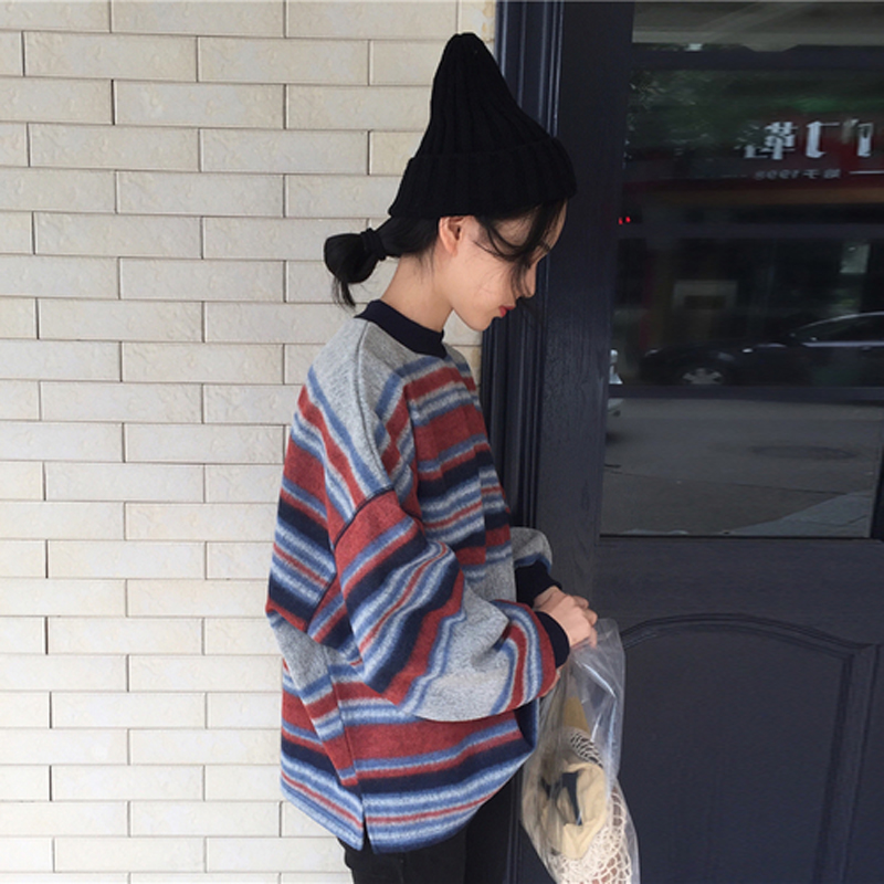 秋裝女裝韓版學院風寬松撞色條紋套頭衛衣學生休閑長袖上衣外套潮