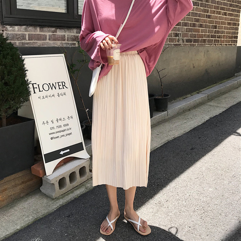 秋季女裝韓版中長款寬松氣質百搭簡約百褶裙高腰半身裙A字裙長裙