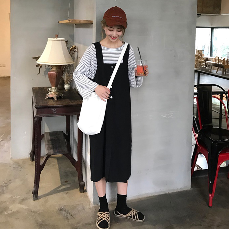 秋季女裝韓版純色背帶裙中長款寬松顯瘦連衣裙長裙+條紋打底衫T恤