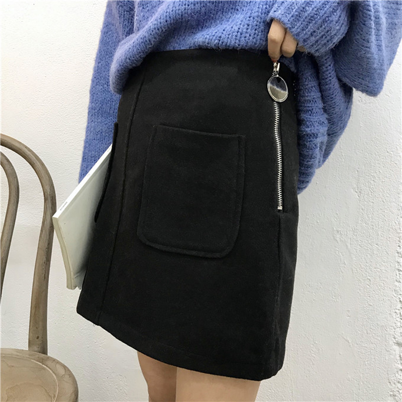 秋冬女裝韓版寬松側拉鏈包臀裙毛呢A字裙高腰半身裙短裙學生裙子