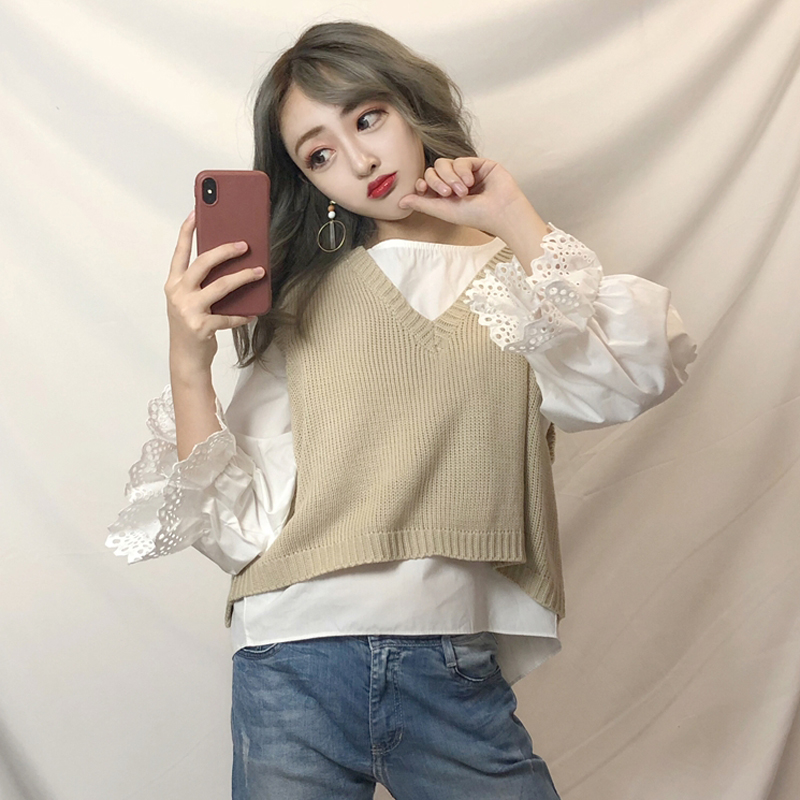 秋季女裝韓版V領寬松針織衫馬甲背心短款無袖毛衣上衣外套+白襯衫