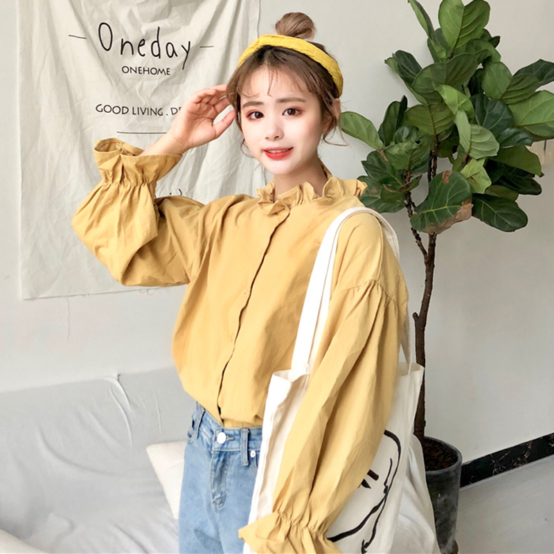 秋季女裝韓版百搭寬松純色小立領木耳襯衣學生長袖休閑襯衫上衣潮