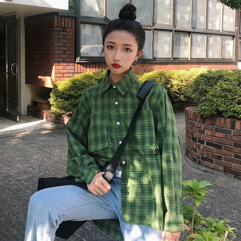 秋季女裝韓版復古港風綠格子中長款BF風寬松長袖休閑襯衫上衣外套
