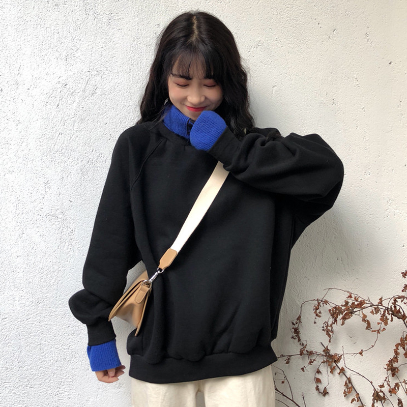 秋冬女裝2018新款韓版中長款原宿風加絨寬松拼接高領超火衛衣外套