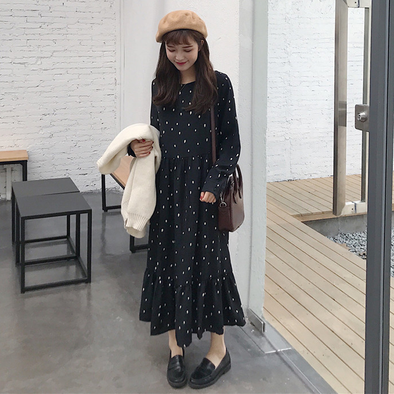 秋季女裝韓版中長款簡約氣質小清新波點雪紡衫顯瘦長袖連衣裙長裙