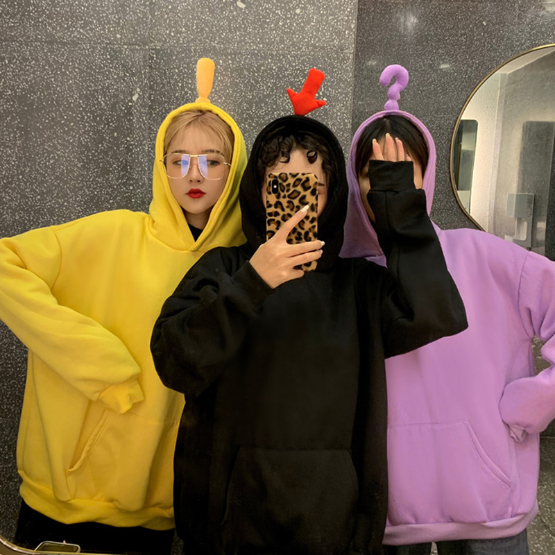 秋冬女裝韓版寬松純色卡通連帽符號加絨加厚套頭超火衛衣上衣外套