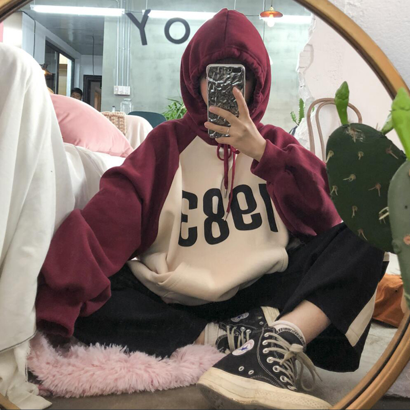 秋冬女裝韓版BF風寬松拼色數字加絨加厚連帽慵懶風超火酷衛衣外套