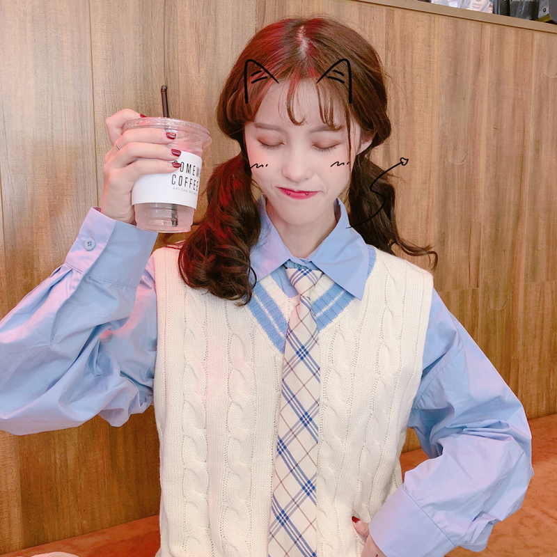 韓版時尚休閑套裝秋季女裝中長款領帶襯衫+針織衫馬甲外套兩件套