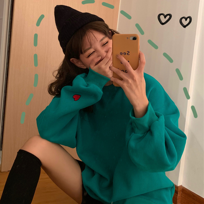 2018新款秋冬韓版中長款刺繡愛心加絨加厚套頭超火衛衣上衣外套女