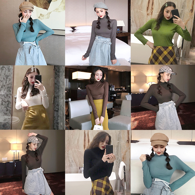 簡約純色高領T恤秋裝女2018新款港味修身顯瘦打底衫氣質長袖上衣