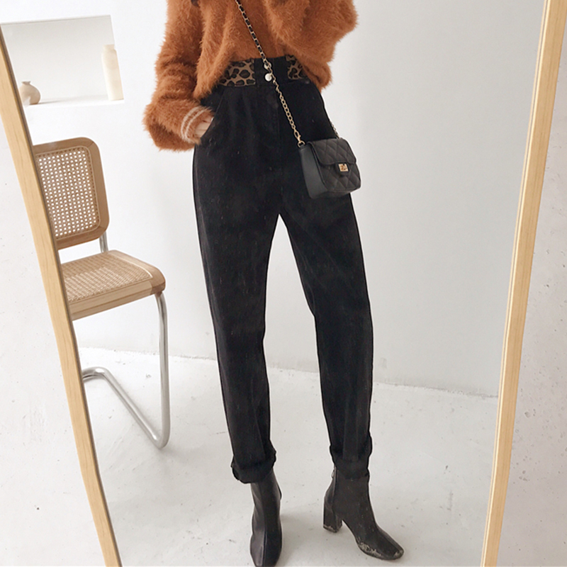 老爹褲女秋冬裝2018新款韓版撞色松緊高腰牛仔褲學生寬松哈倫褲子