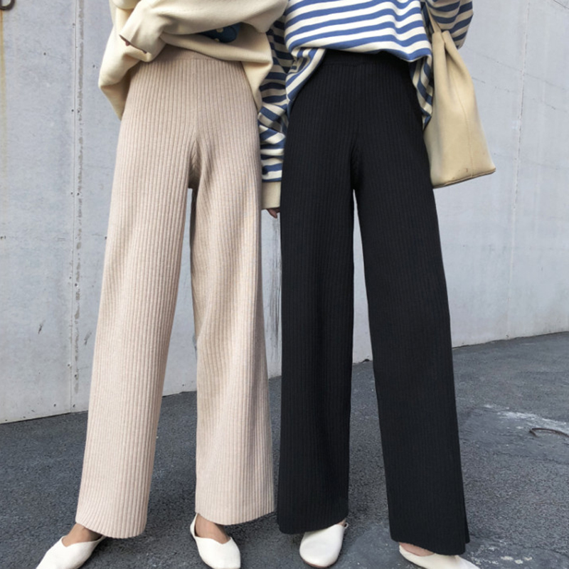 2018秋冬新款女裝墜感針織闊腿褲女學生寬松顯瘦黑色高腰休閑褲子