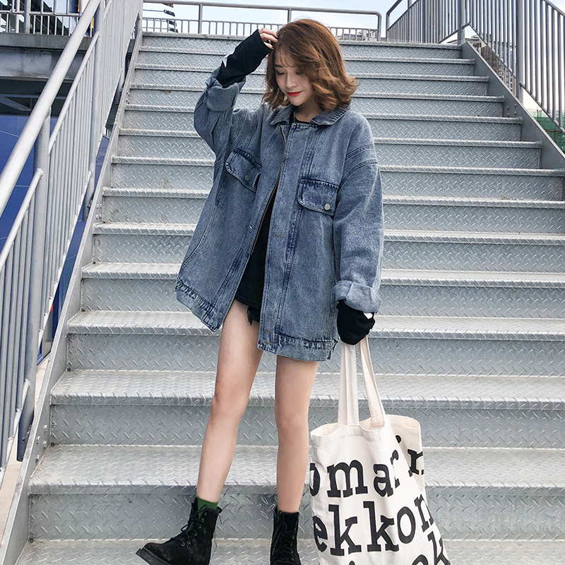 復古中長款外套秋裝女2018新款學生時尚牛仔夾克翻領寬松長袖上衣