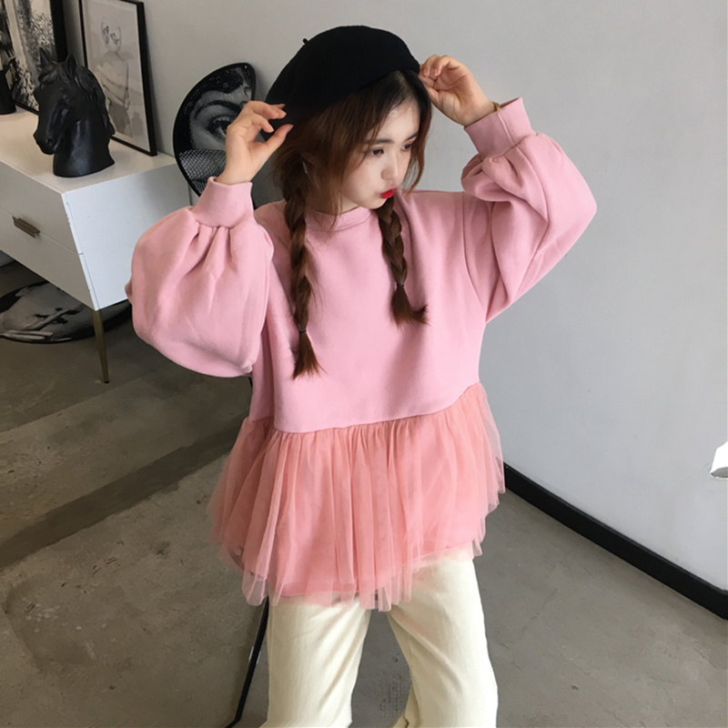 個性網紗拼接假兩件上衣秋裝女新款時尚寬松長袖衛衣圓領學生外套