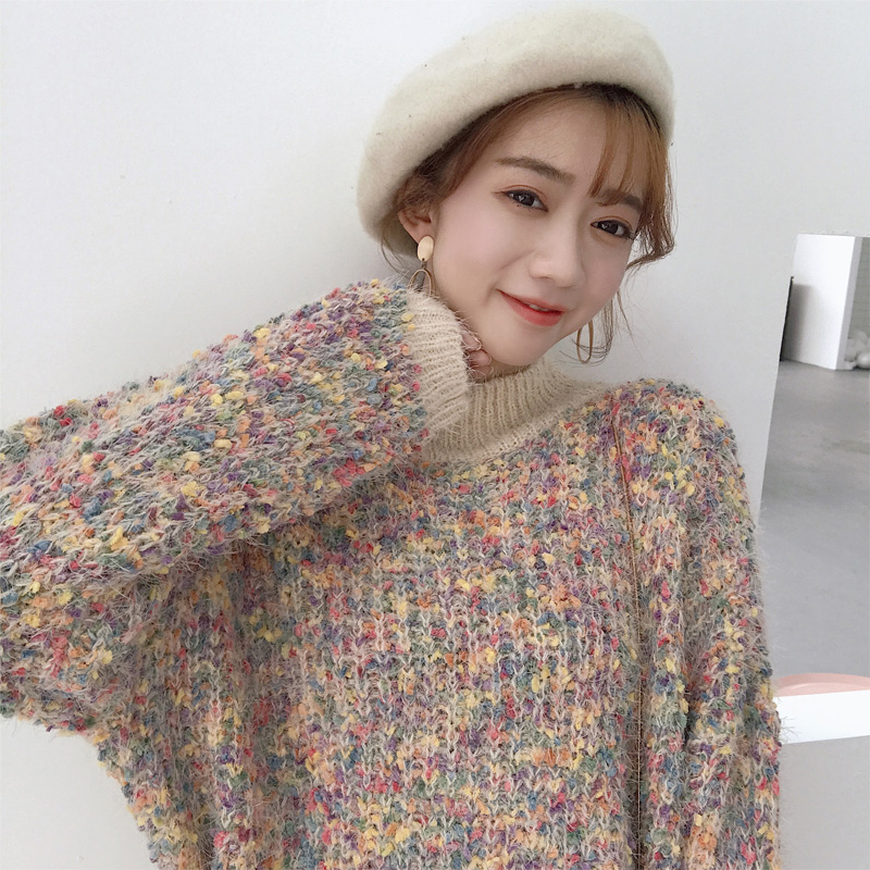 港味慵懶風套頭毛衣女2018新款秋百搭長袖寬松圓領花線針織上衣潮