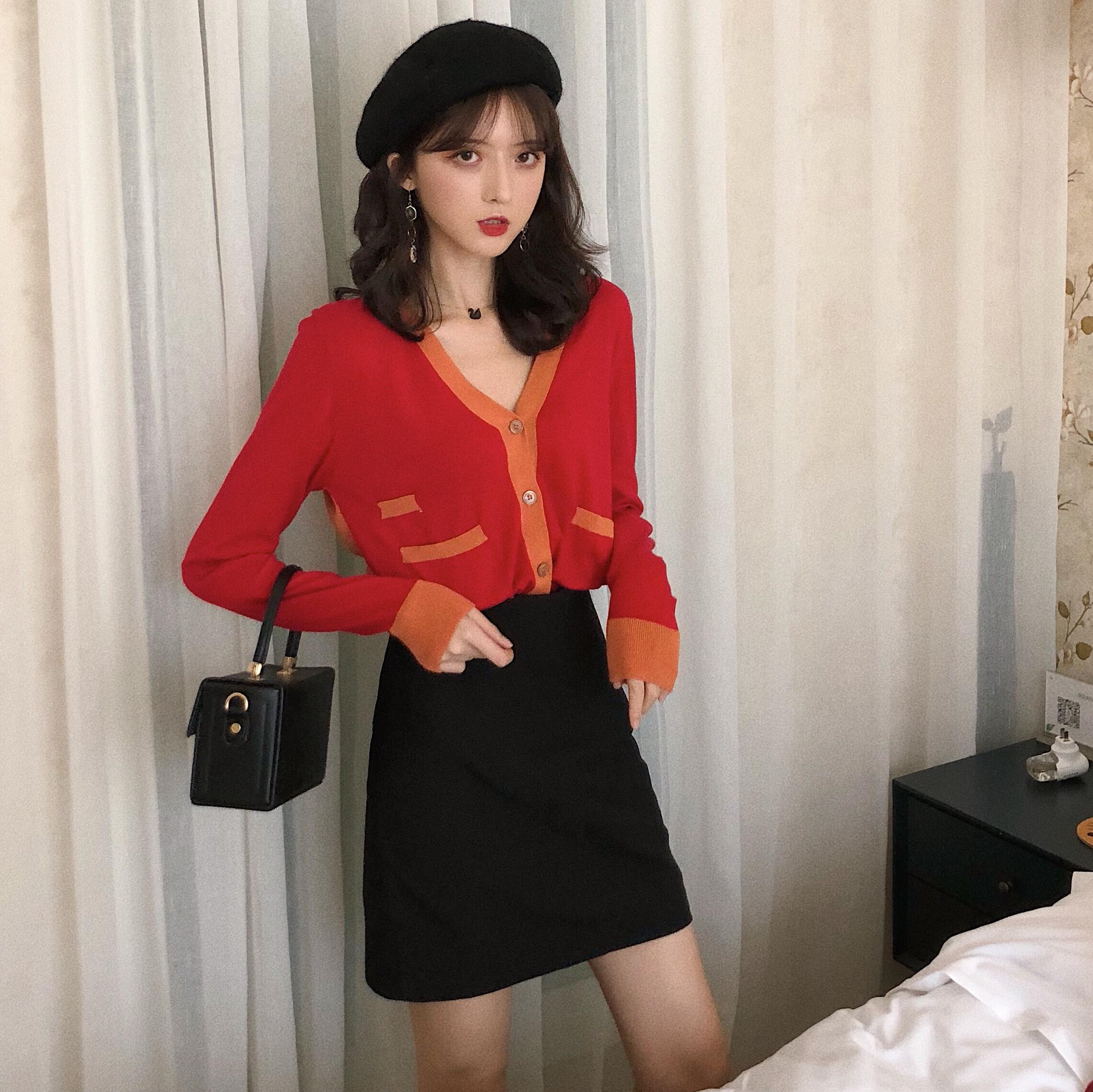 女神套裝秋裝韓版Chic薄針織開衫V領紅色上衣+高腰包臀a字半裙女