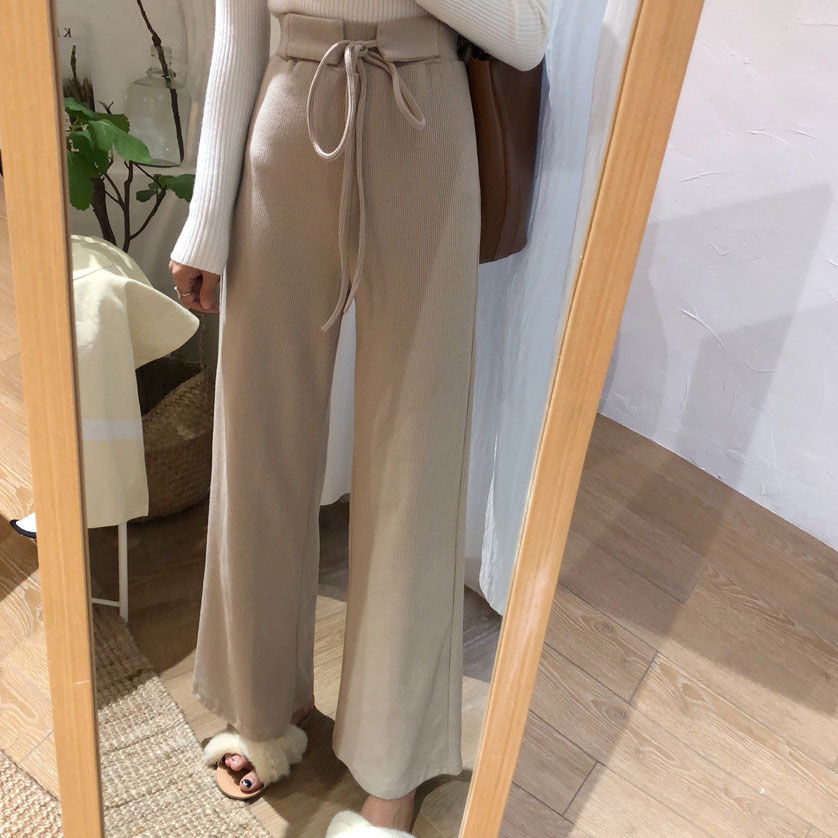 秋裝女2018新款系腰帶針織直筒長褲秋冬高腰顯瘦寬松休閑闊腿褲潮