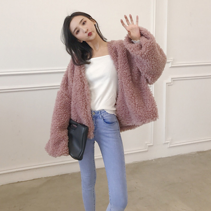 2018秋冬季韓版新款時尚chic短款羊羔毛開衫毛絨長袖外套寬松上衣