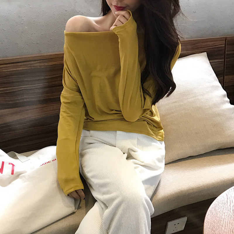 韓版2018新款純色氣質顯瘦長袖百搭打底衫露肩長袖t恤女寬松秋裝