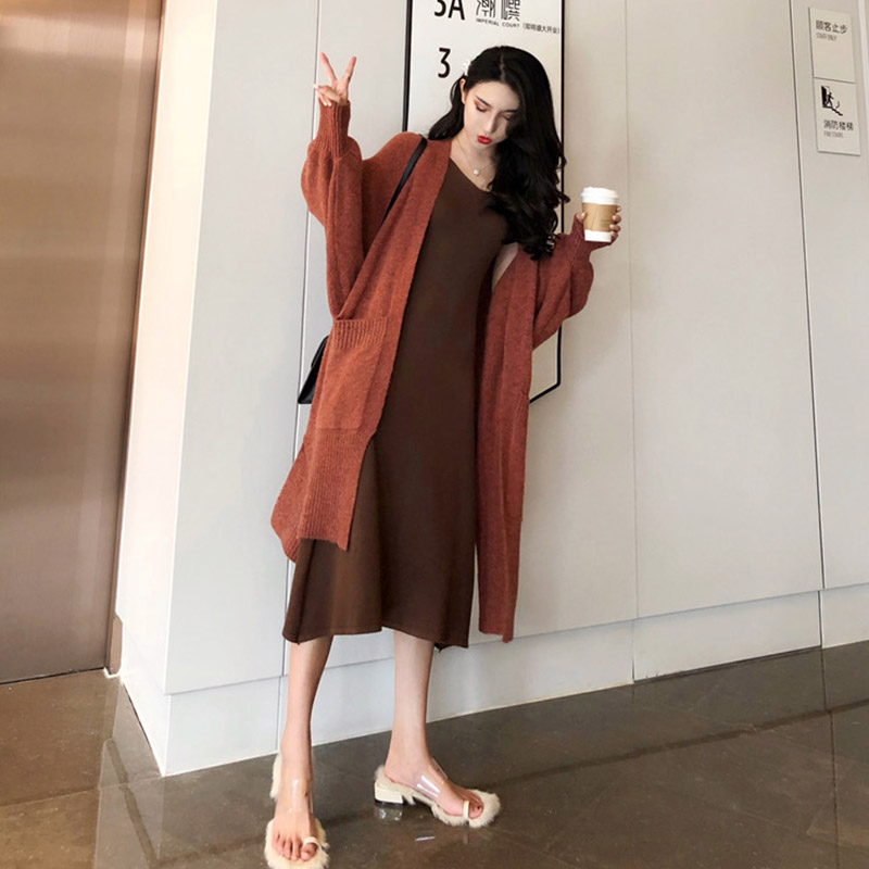 新款秋裝寬松燈籠袖長款開衫慵懶風毛衣中長款純色背心裙時尚套裝