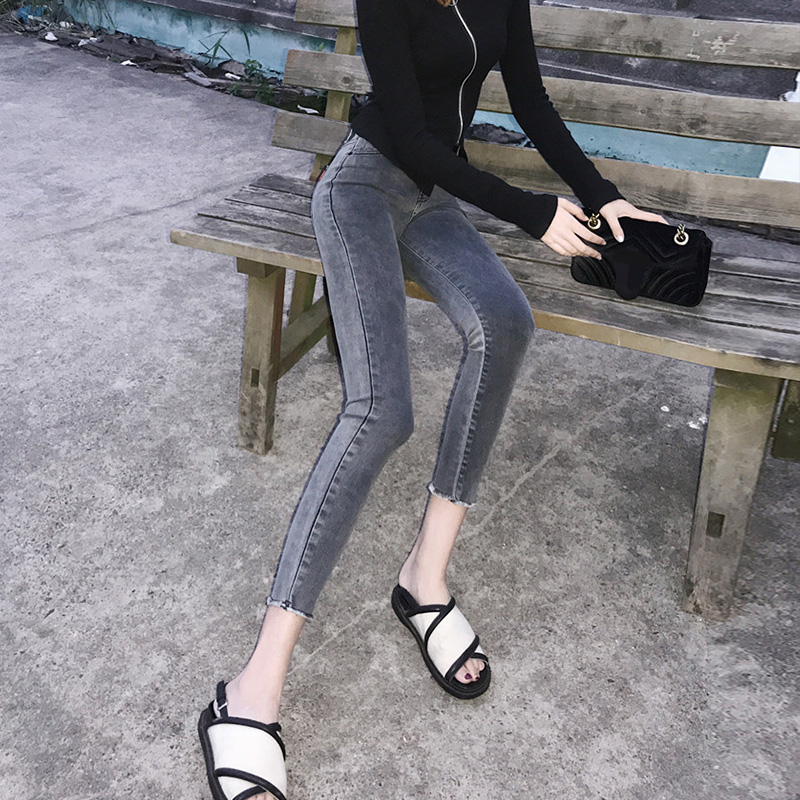 秋冬新款chic復古煙灰色破洞高腰顯瘦毛邊牛仔小腳褲鉛筆褲九分褲