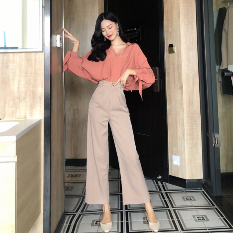 新款袖口蝴蝶襯衫寬松上衣女高腰顯瘦休閑褲闊腿褲港風時尚套裝女