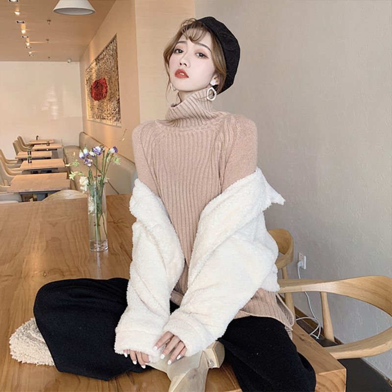 2018新款chic短款翻領外套慵懶寬松毛衣針織闊腿褲時尚套裝三件套